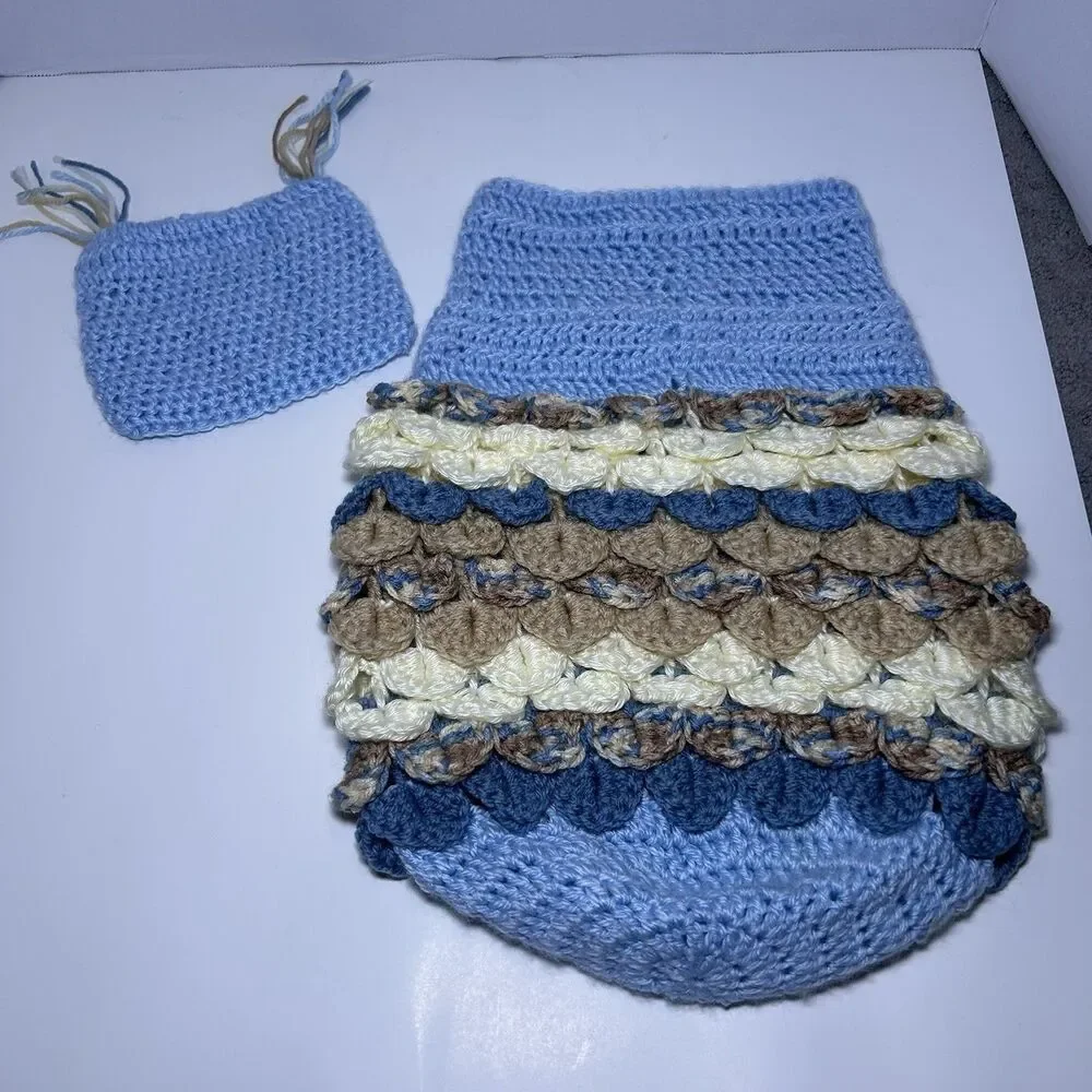 Newborn Crochet Owl Cocoon Outfit Set Blue Cream Brown Photo Prop Handmade